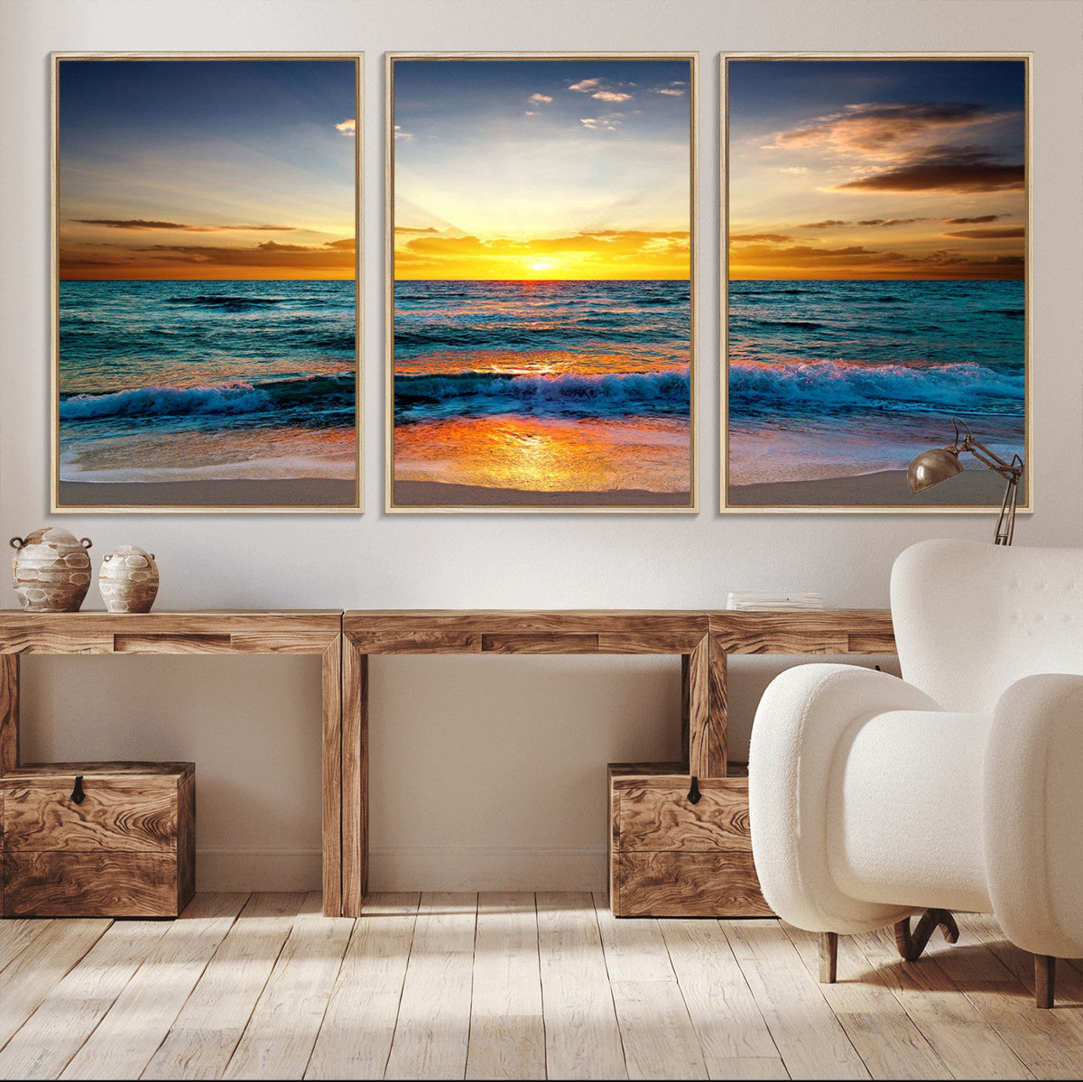 Vibrant Ocean Sunrise Over Golden Beach Waves, Giclee Canvas