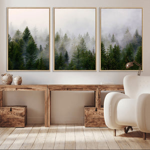 Misty Pine Forest Wall Art Canvas Print | 3 Panel Green