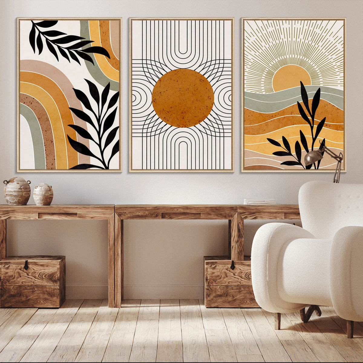 Modern Boho Sun and Leaf Abstract Art – 3-Panel Giclée