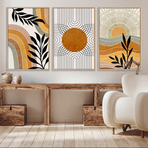Modern Boho Sun and Leaf Abstract Art – 3-Panel Giclée