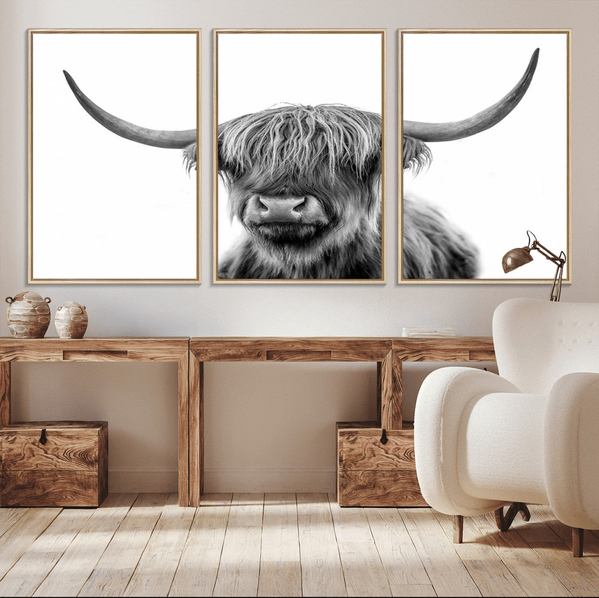 Grayscale Scottish Highland Cow Cattle Art Print Farmhouse