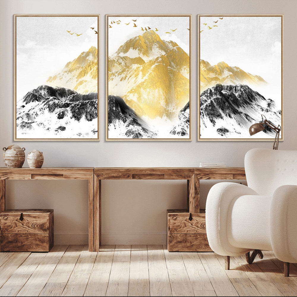 Golden Mountain Triptych Wall Art Canvas Print, Modern