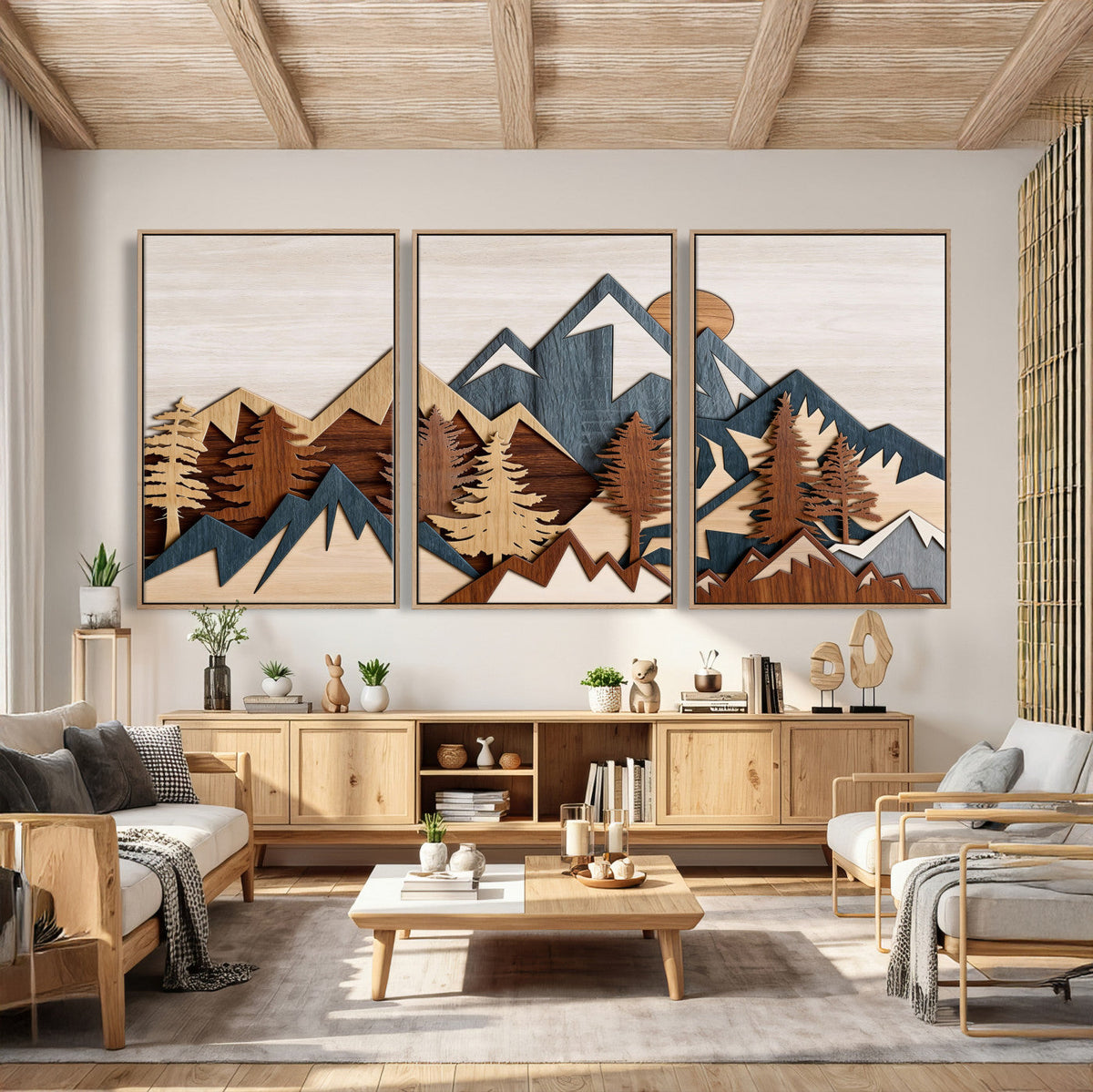 Woodland Mountain Landscape Triptych, Giclee Canvas Art for