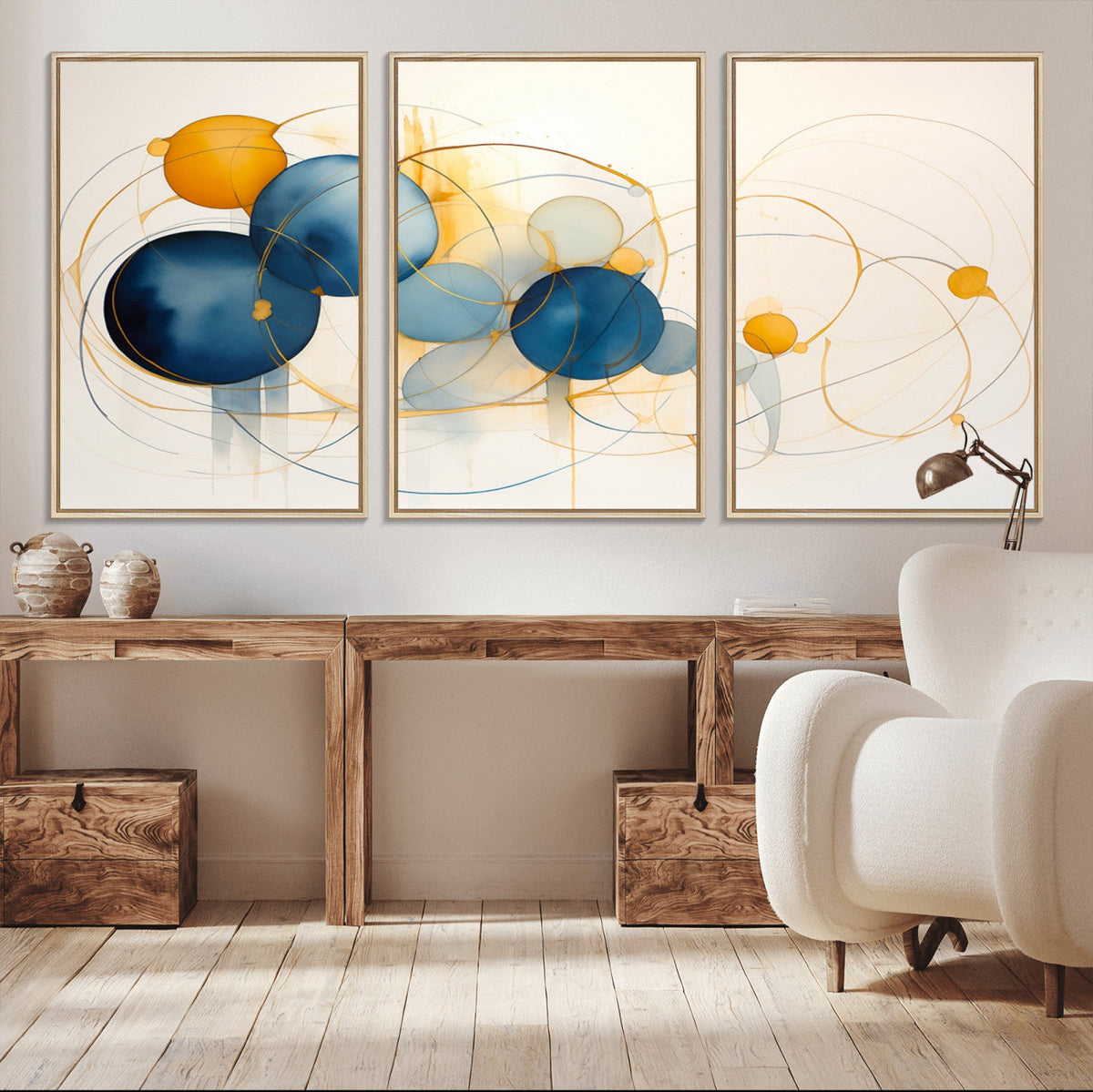 Geometric Blue Orange Abstract Wall Art Canvas, Geometric
