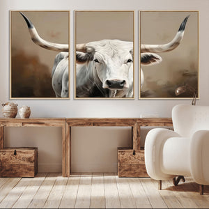White Longhorn Bull Wall Art Canvas Print – Framed and Ready