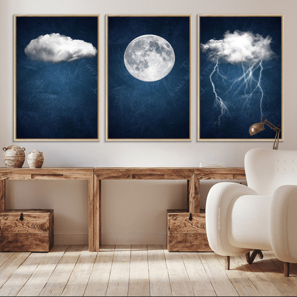 Dark Blue Cloud Art, 3 Piece Indigo Blue Wall Art, Aesthetic