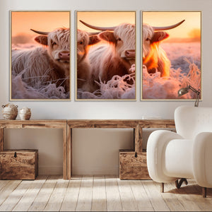 Highland Cows at Sunrise Wall Art Canvas Set – Serene and