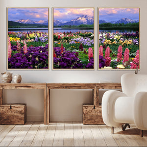 Vibrant Wildflower Garden and Mountain View Giclee Canvas