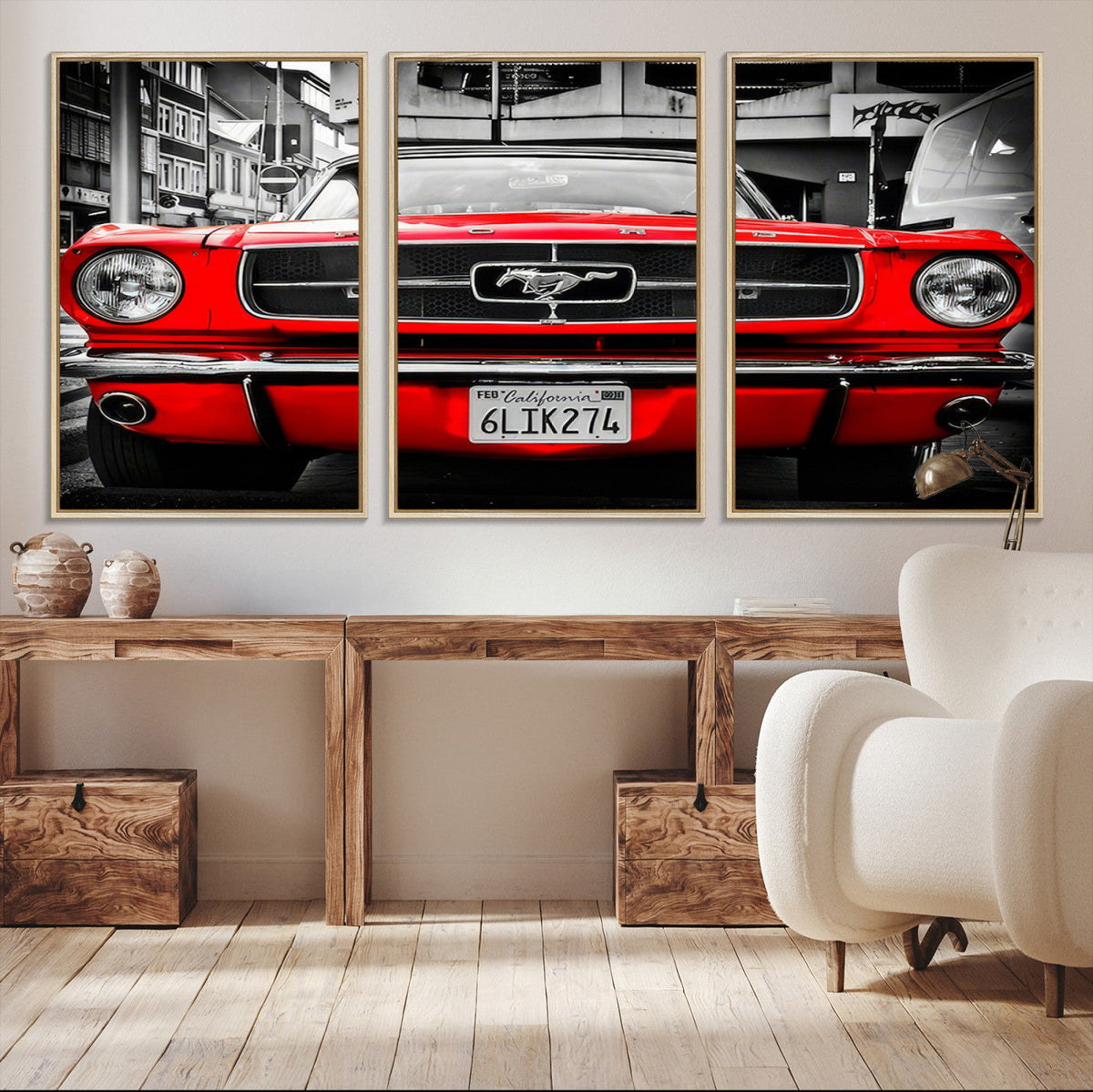 Red Mustang Car Wall Art – Framed Classic Vehicle Canvas