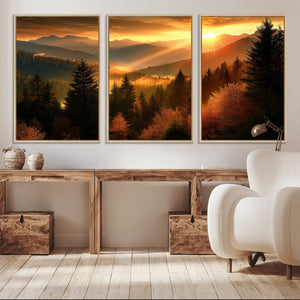 Golden Sunset Over Mountain Forest Canvas Wall Art Print -