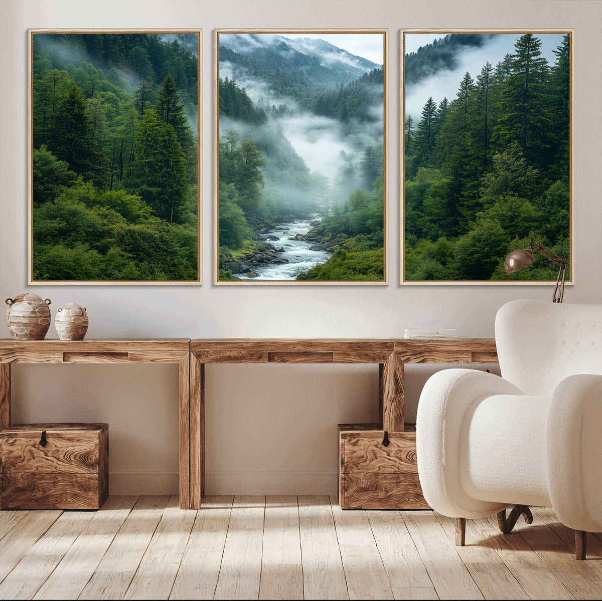 Mountain Forest River Canvas Wall Art Print - Serene Nature