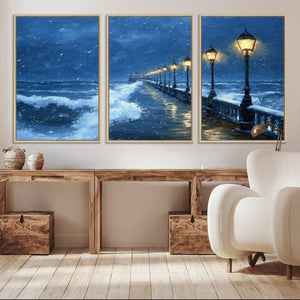 Stormy Ocean Pier Lights Canvas Wall Art Print - Large Moody