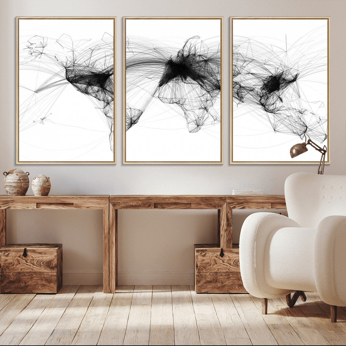 Abstract World Map Wall Art – Framed Geometric Line Canvas