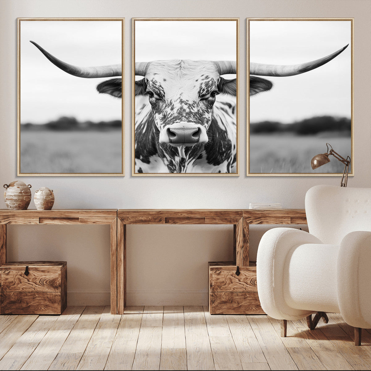 Highland Cow Wall Art Canvas Print – Black and White Western