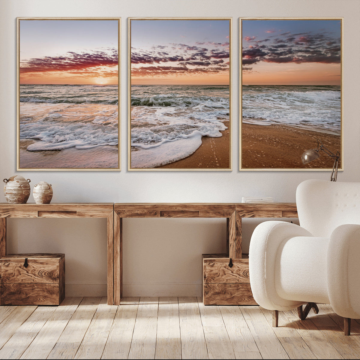 Ocean Sunset Wall Art Canvas Print – Framed Sandy Shore