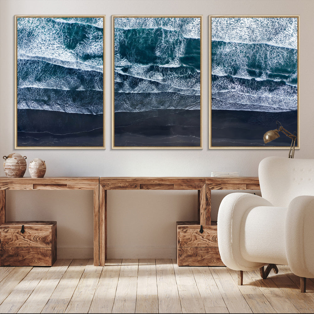 Black Beach Wall Art Canvas Print – Framed Aerial Ocean View