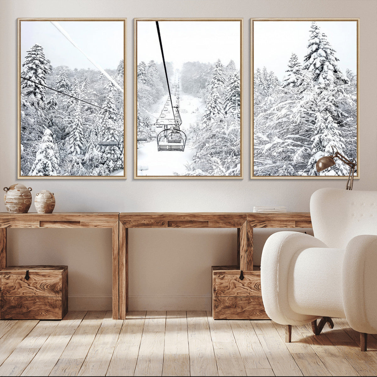 Snowy Ski Lift Wall Art – Framed Winter Mountain Canvas