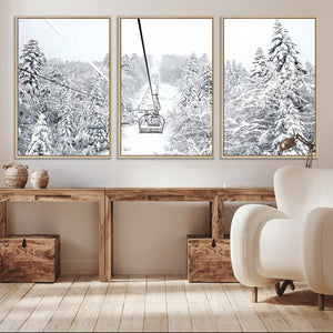Snowy Ski Lift Wall Art – Framed Winter Mountain Canvas