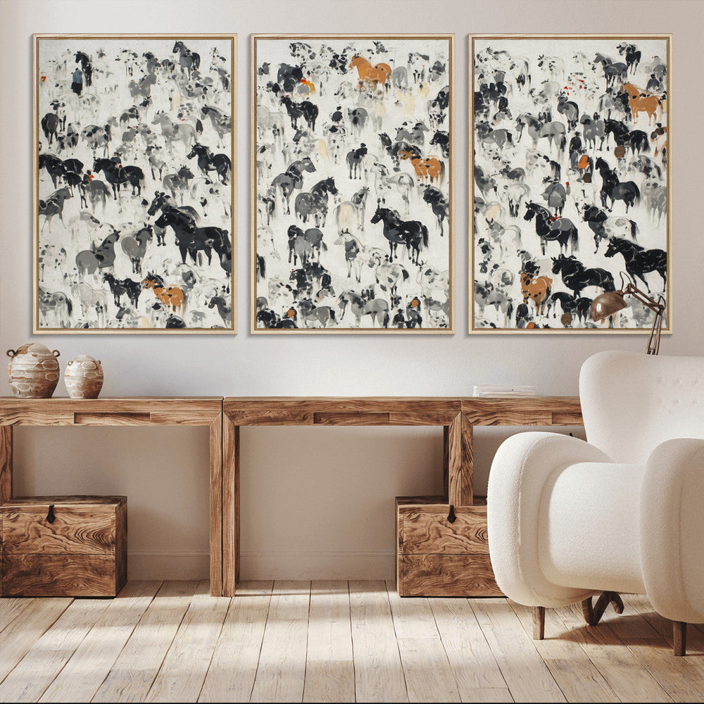 Wild Horse Stampede Wall Art Canvas Print – Monochrome
