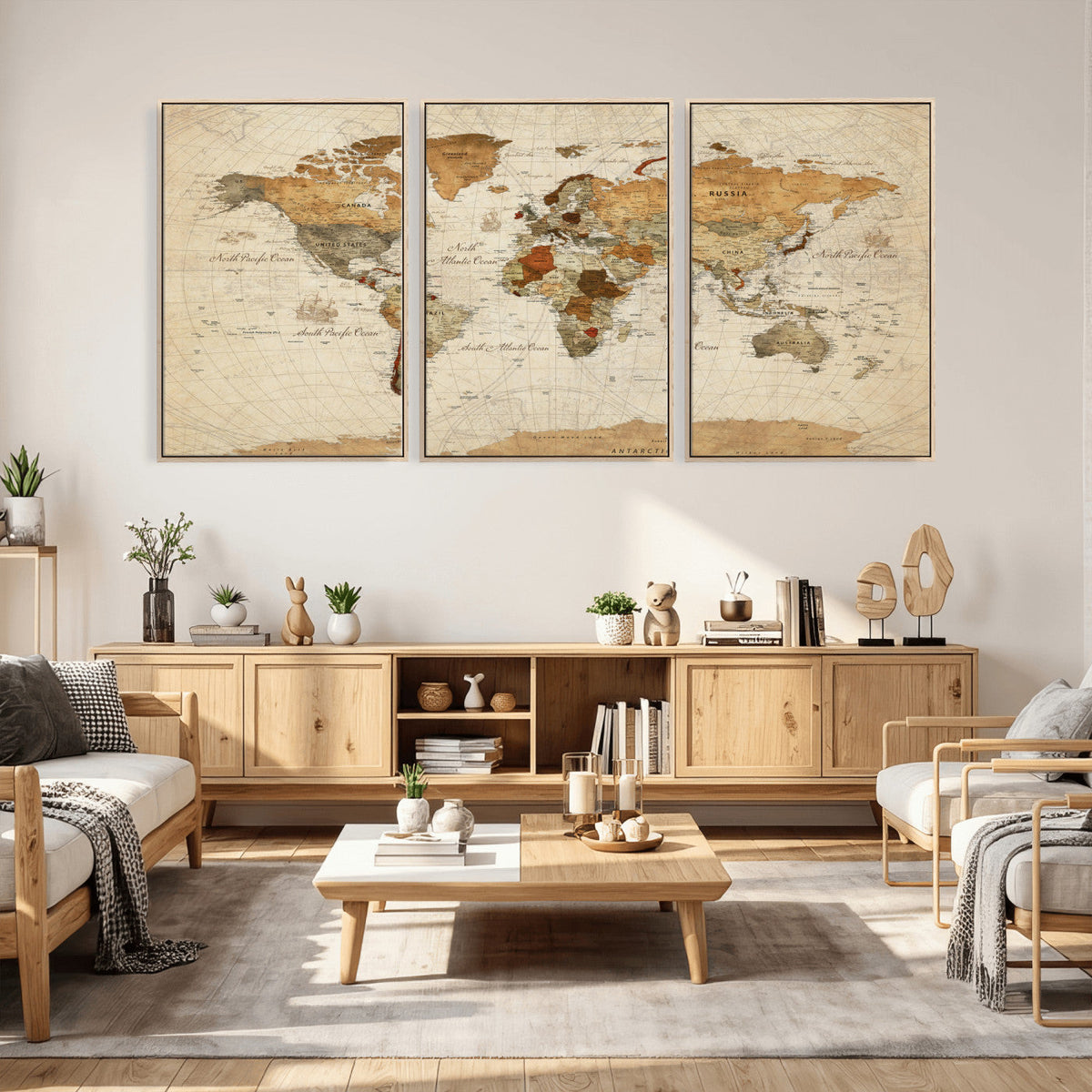 Rustic Vintage World Map Canvas Print – Framed Modern