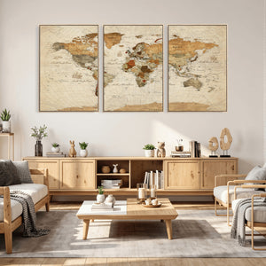 Rustic Vintage World Map Canvas Print – Framed Modern