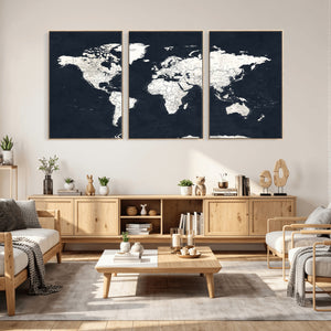 Black World Map Wall Art Canvas Print for Home Office and