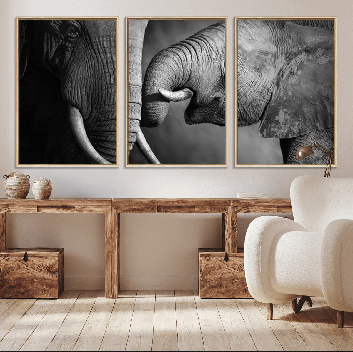 Elephant Family Wall Art Canvas, Framed Elephant Family