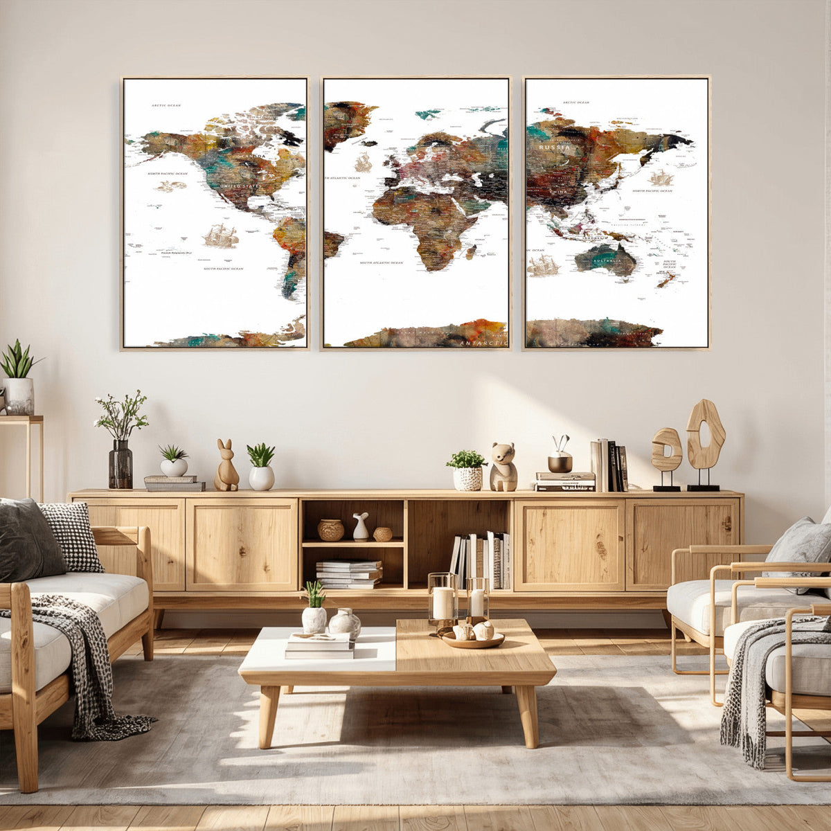 Watercolor World Map Canvas Print – Detailed Map of the