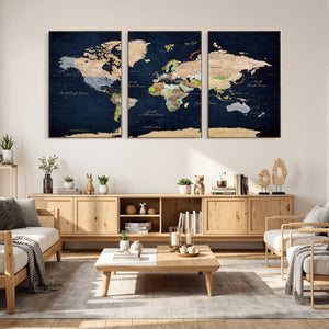 Minimalist World Map Canvas Wall Art - Watercolor Blue and