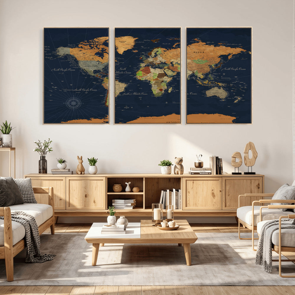 Modern World Map Canvas Print – Framed Detailed Map of the