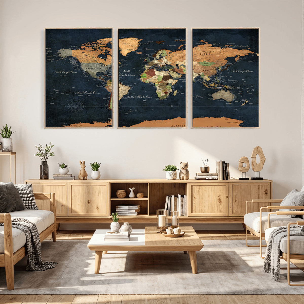 Vintage World Map Canvas Wall Art – Detailed Map with