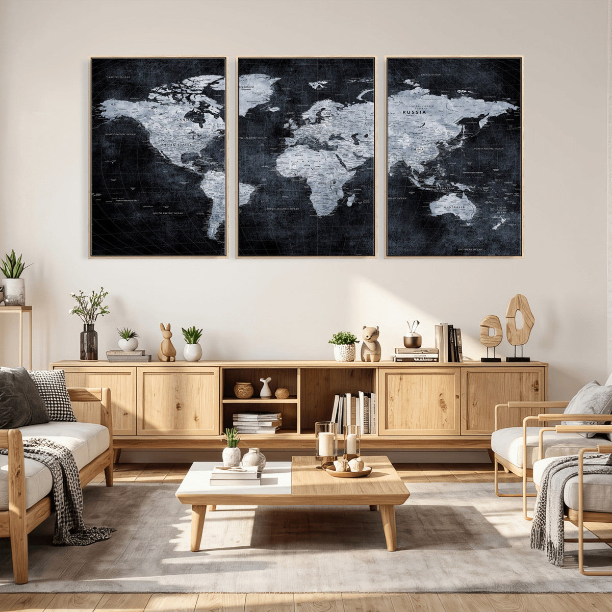 Black World Map Canvas Print – Detailed Map for Couples and