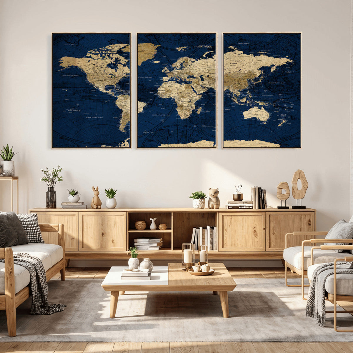 Navy Blue World Map Canvas Print – Detailed Map Minimal Navy