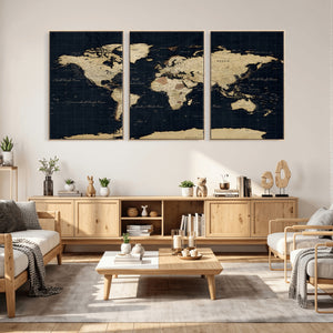 Dark World Map Canvas Wall Art Print, Minimal Black and Gold