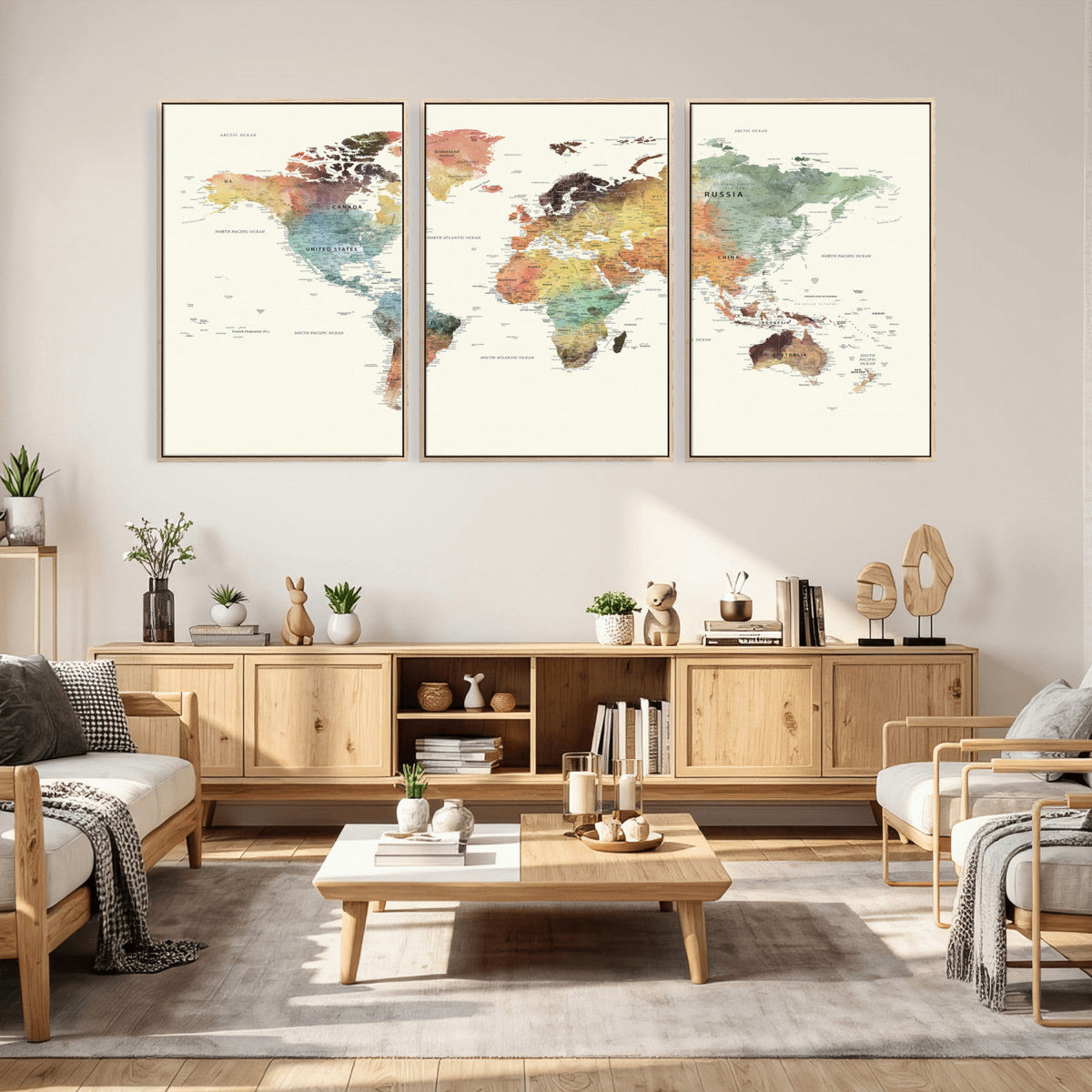 Framed World Map Wall Art Canvas Print for Living Room and