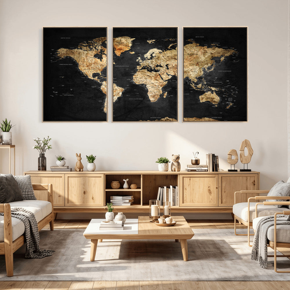 World Map Canvas Wall Art with Famous Landmarks – Framed