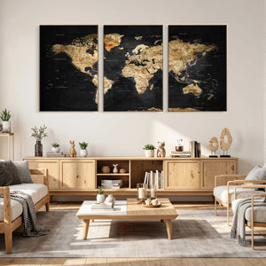 World Map Canvas Wall Art with Famous Landmarks – Framed