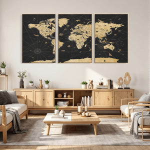 Vintage Blue and Brown World Map Canvas Wall Art – Framed