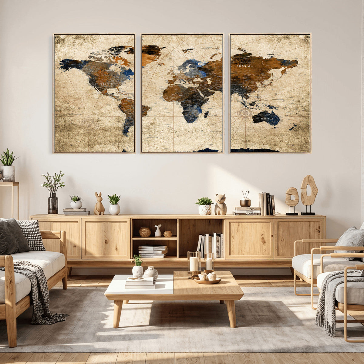 World Map Wall Art – Rustic Earth Tone Canvas Print, Antique