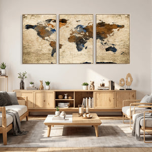 World Map Wall Art – Rustic Earth Tone Canvas Print, Antique