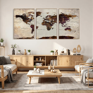 World Map Canvas Triptych – Colorful Global Wall Art for