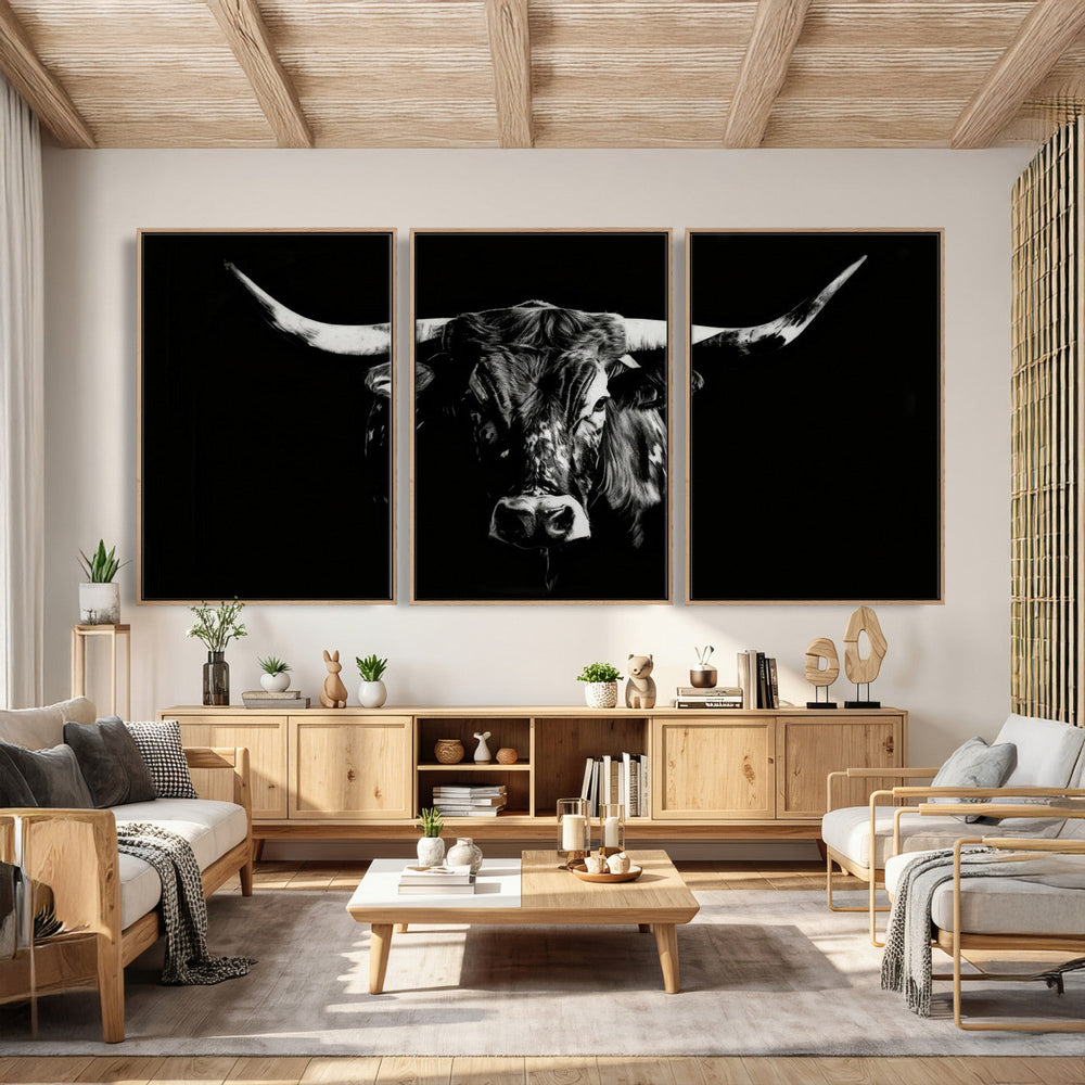 Black Bull Wall Art Canvas Print, Dark Longhorn Portrait