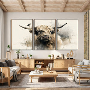 Abstract Highland Cow Wall Art Canvas Print, Rustic Farm