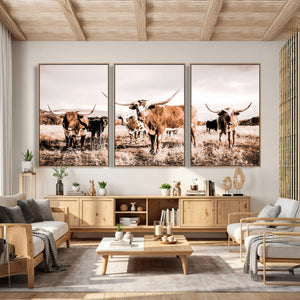 Texas Longhorn Cattle Wall Art Canvas Print, Sepia Western