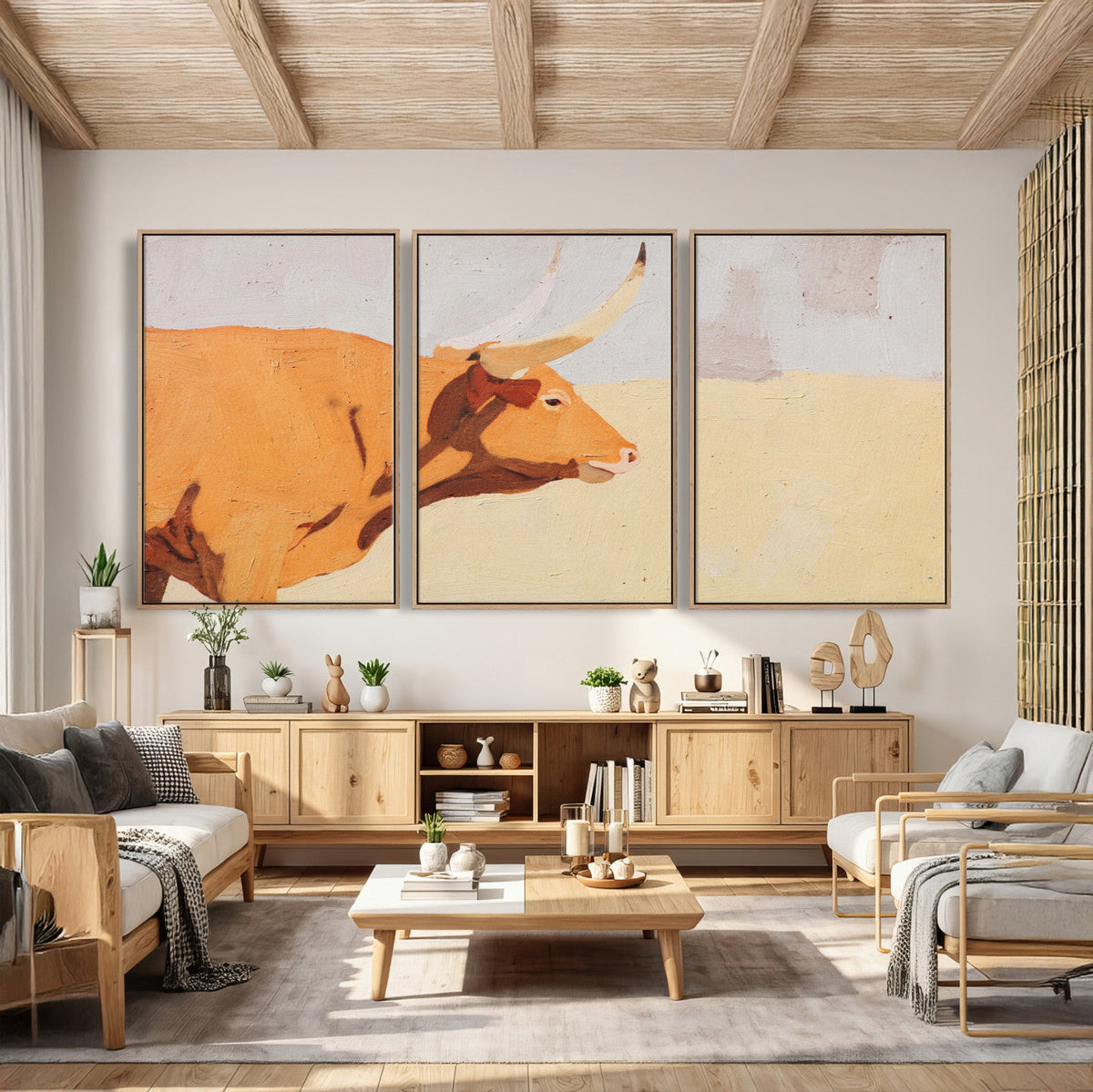 Minimal Longhorn Bull Wall Art Canvas Print, Neutral Western