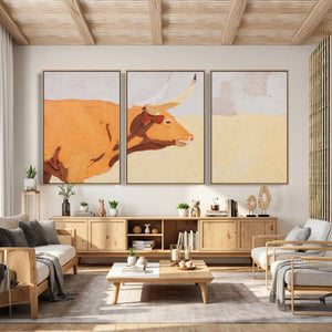 Minimal Longhorn Bull Wall Art Canvas Print, Neutral Western