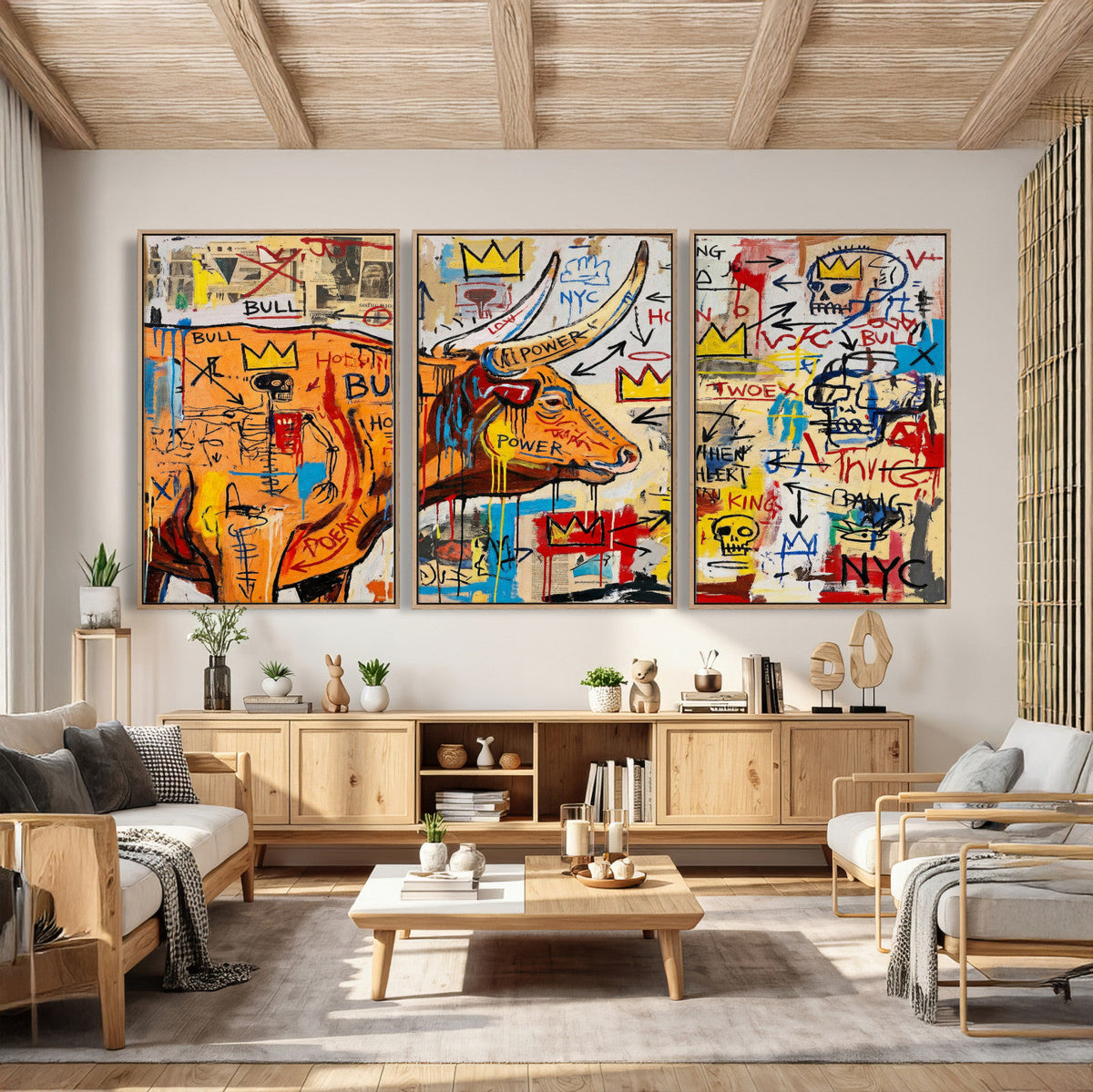 Basquiat Style Bull Graffiti Wall Art Canvas Print, Street