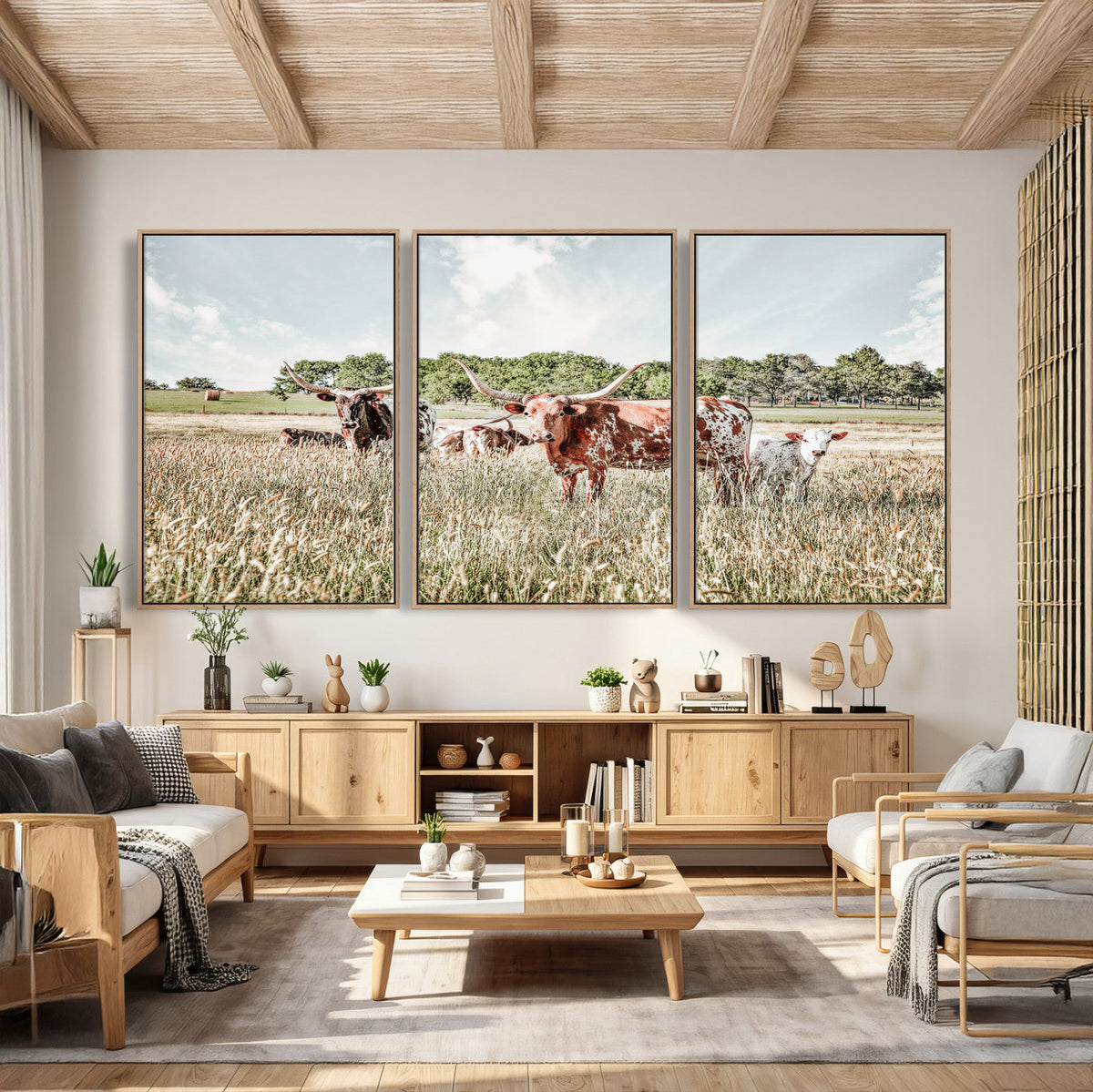 Texas Longhorn Cattle Wall Art Canvas Print, Rustic Ranch