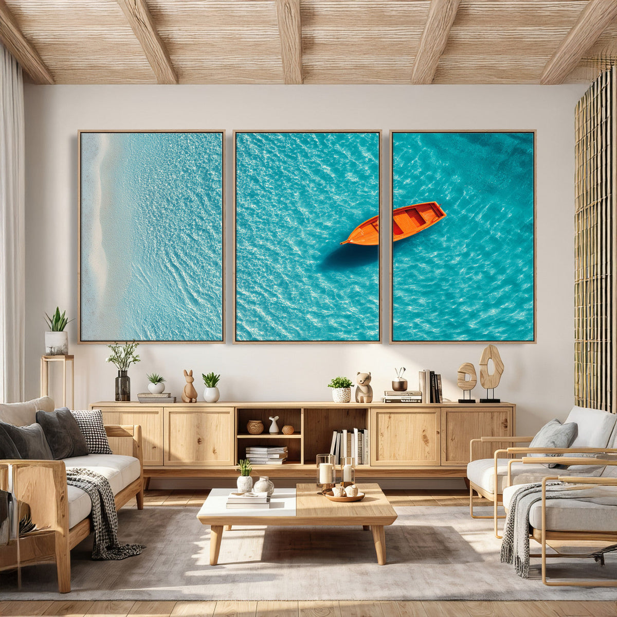 Minimalist Boat Wall Art Canvas Print, Aerial Sea Landscape