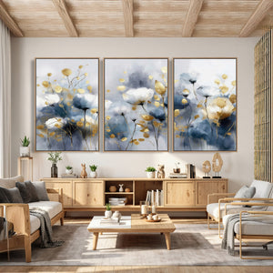 Large Abstract Flowers Wall Art Canvas Print – Gold and Blue